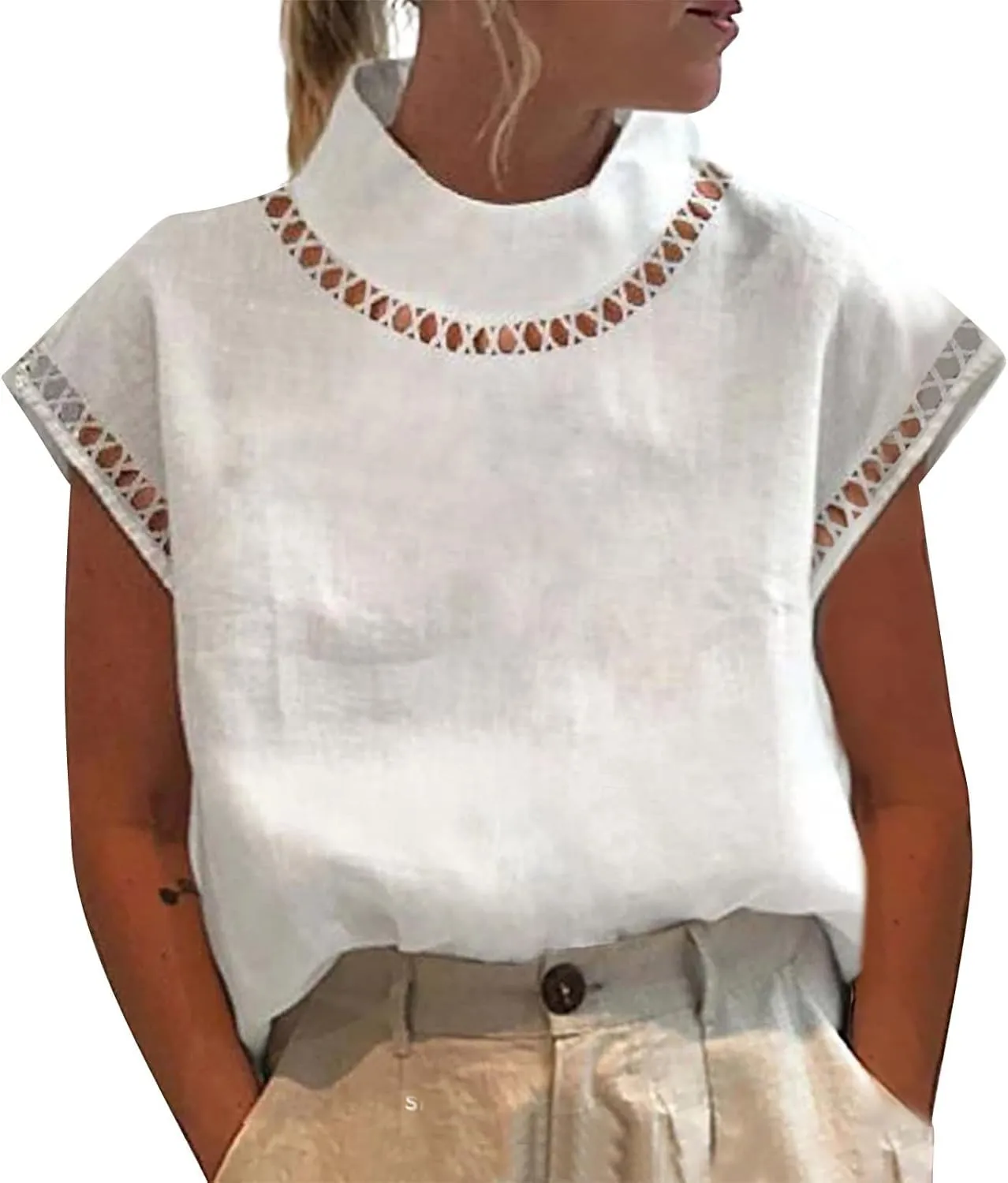Linen Tank Top Women Summer Turtleneck Sleeveless Breathable Lace Vest Cotton Loose Comfy Casual Solid Shirt Camisole