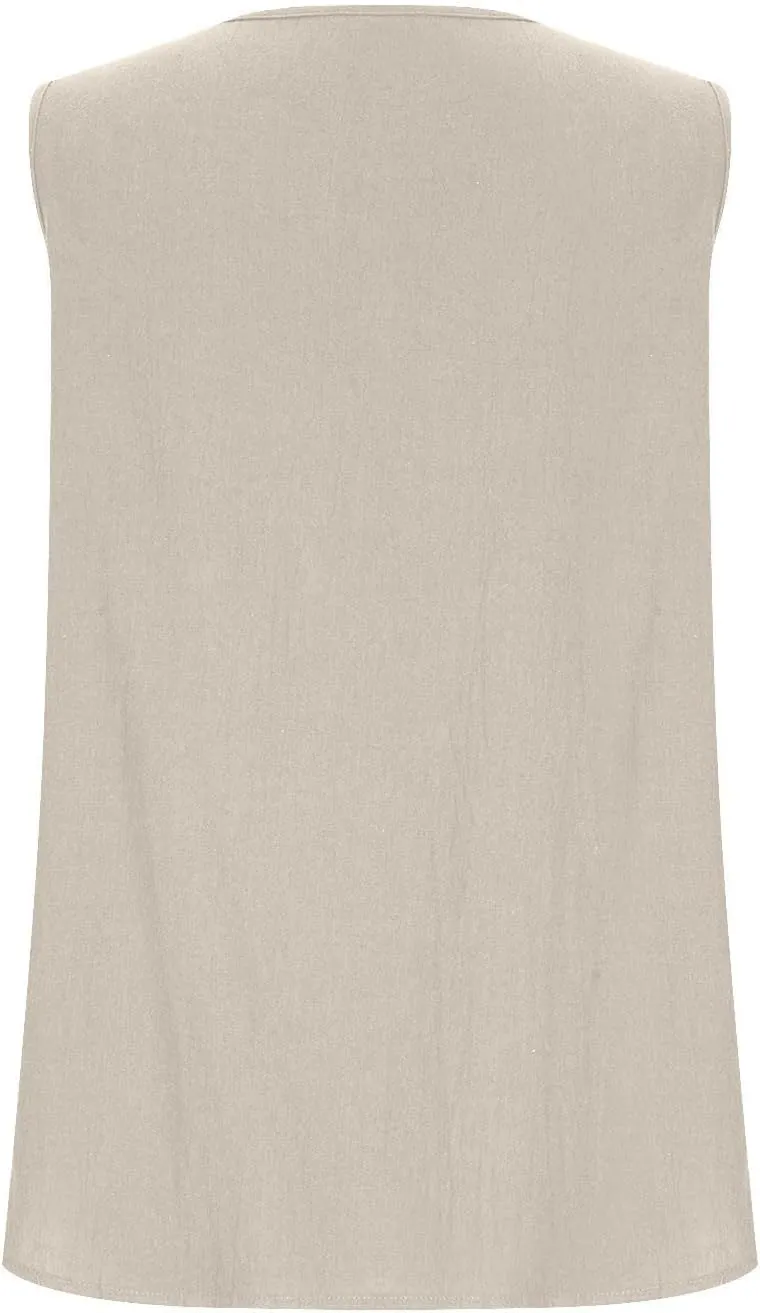 Linen Tank Tops for Women Summer Casual V Neck Sleeveless T-Shirts Basic Lightweight Breathable Pullover Tee Shirts