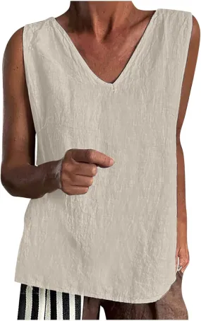 Linen Tank Tops for Women Summer Casual V Neck Sleeveless T-Shirts Basic Lightweight Breathable Pullover Tee Shirts