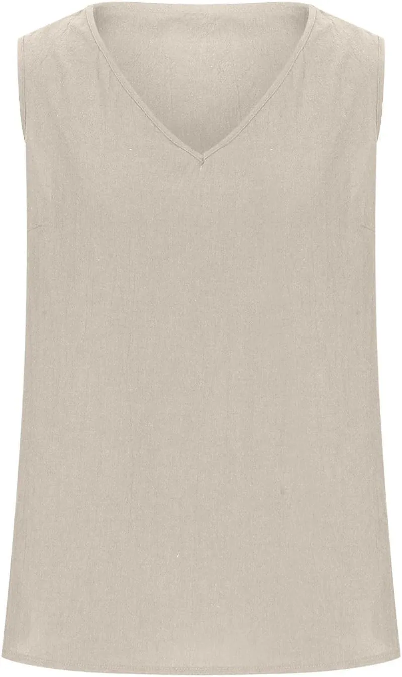 Linen Tank Tops for Women Summer Casual V Neck Sleeveless T-Shirts Basic Lightweight Breathable Pullover Tee Shirts