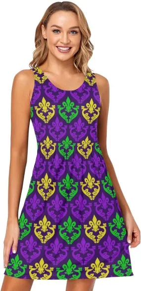 linqin Women's Casual Sleeveless Summer Dress with Pockets Mardi Gras Pattern Beach Shift Dress