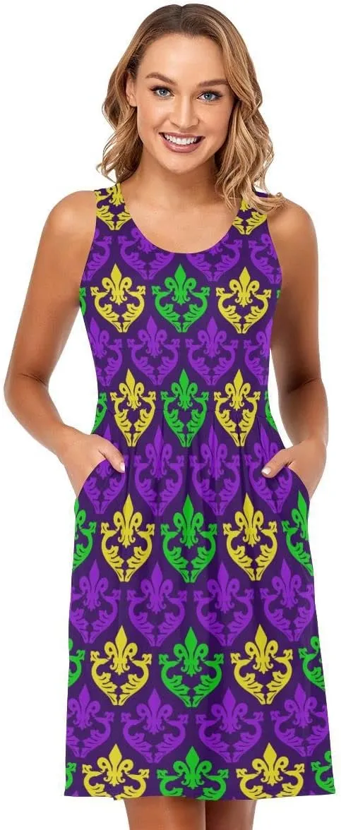 linqin Women's Casual Sleeveless Summer Dress with Pockets Mardi Gras Pattern Beach Shift Dress