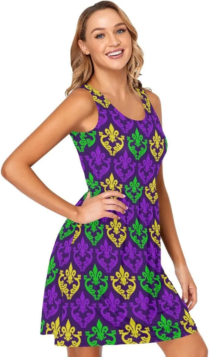 linqin Women's Casual Sleeveless Summer Dress with Pockets Mardi Gras Pattern Beach Shift Dress