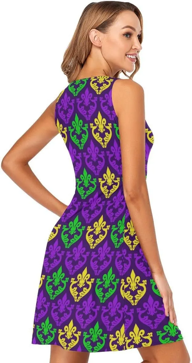 linqin Women's Casual Sleeveless Summer Dress with Pockets Mardi Gras Pattern Beach Shift Dress