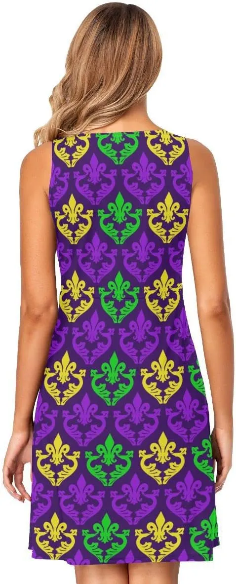 linqin Women's Casual Sleeveless Summer Dress with Pockets Mardi Gras Pattern Beach Shift Dress