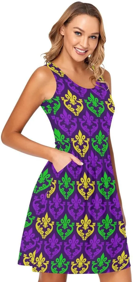 linqin Women's Casual Sleeveless Summer Dress with Pockets Mardi Gras Pattern Beach Shift Dress
