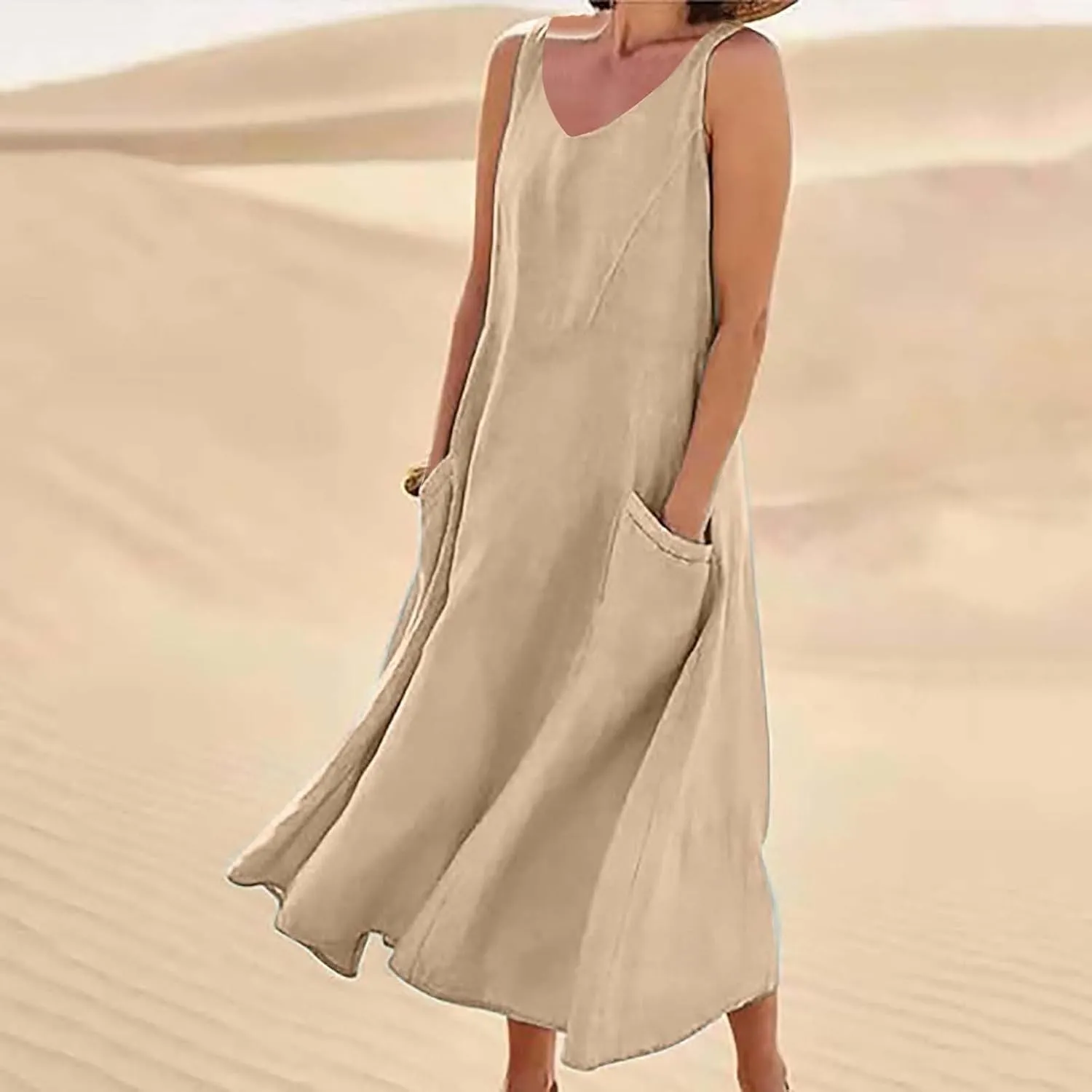 Long Dress Sleeveless Women's Summer Casual Sleeveless Long Maxi Beach Dress 100 Linen Dresses Linen Dress with