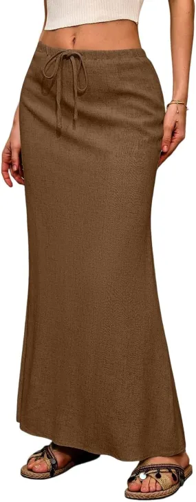Maxi Skirts for Women Trendy Summer Boho Low Rise Drawstring Cotton Linen Skirts Casual Cute Flowy Long Fishtail Skirt