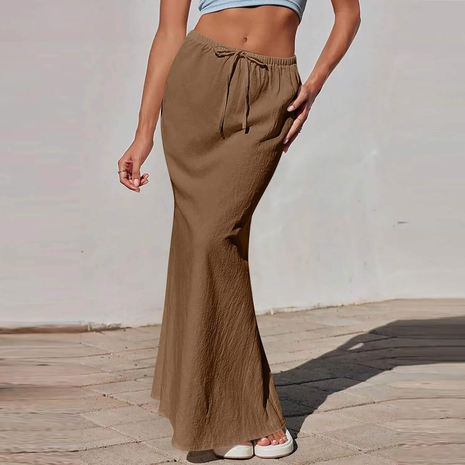 Maxi Skirts for Women Trendy Summer Boho Low Rise Drawstring Cotton Linen Skirts Casual Cute Flowy Long Fishtail Skirt