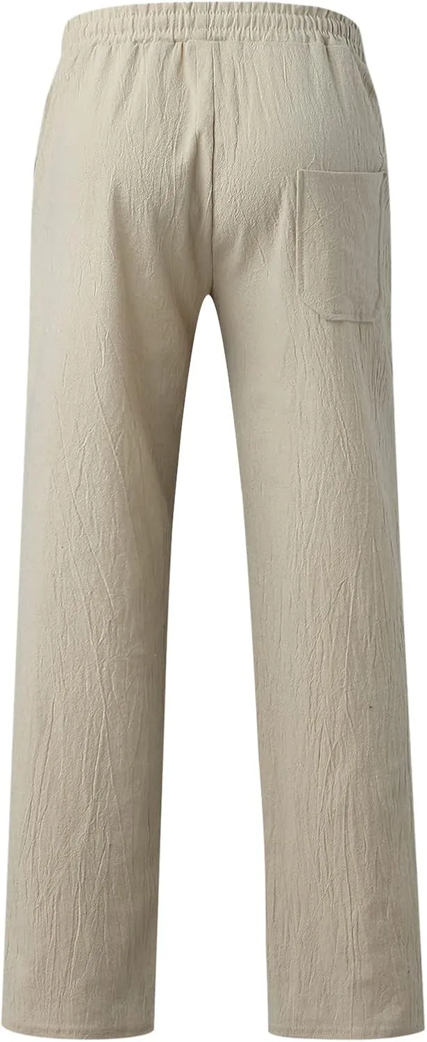 Mens Linen Pants Lightweight Casual Relaxed Fit Wide Leg Trousers Breathable Drawstring Waist Pants Baggy Joggers