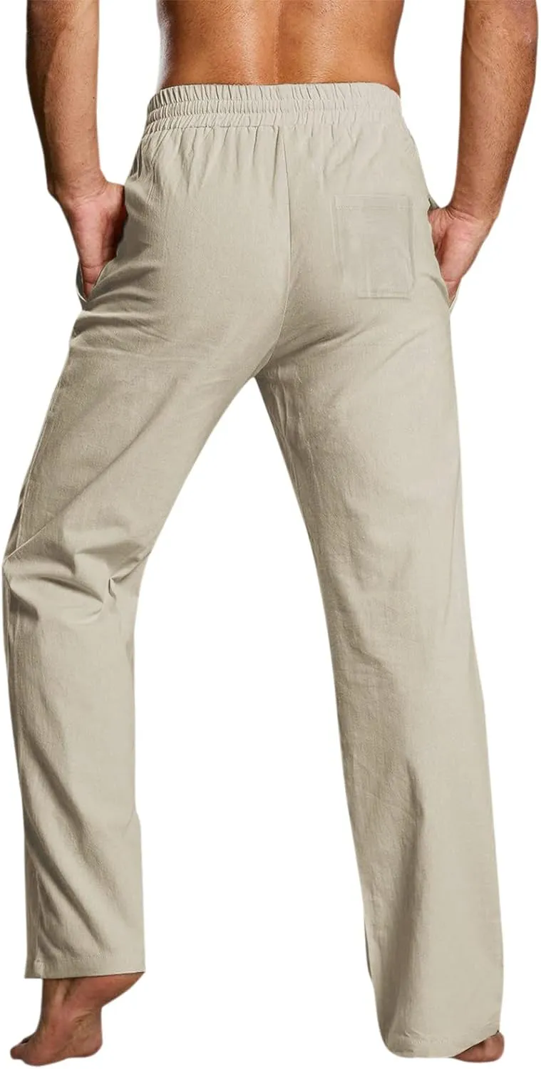 Mens Linen Pants Lightweight Casual Relaxed Fit Wide Leg Trousers Breathable Drawstring Waist Pants Baggy Joggers