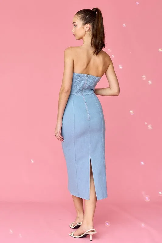 Mia Strapless Denim Midi Dress Blue