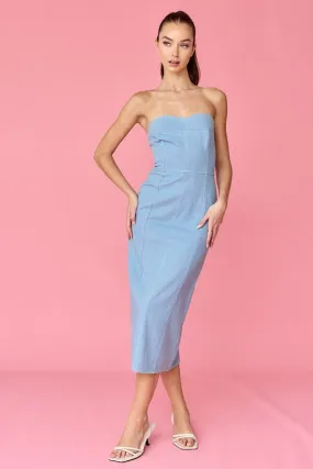 Mia Strapless Denim Midi Dress Blue