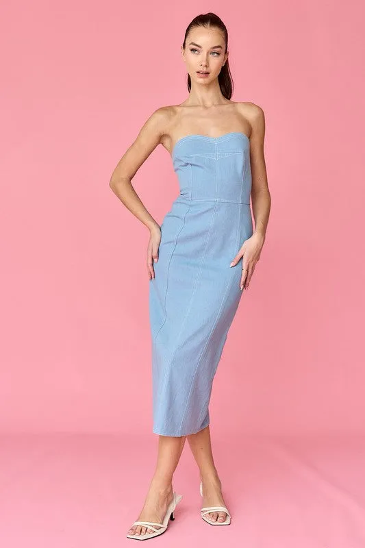 Mia Strapless Denim Midi Dress Blue