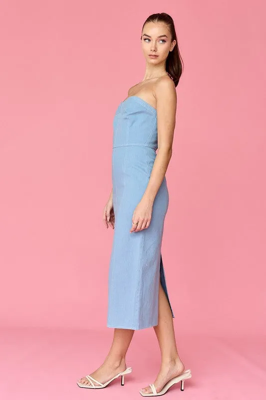 Mia Strapless Denim Midi Dress Blue