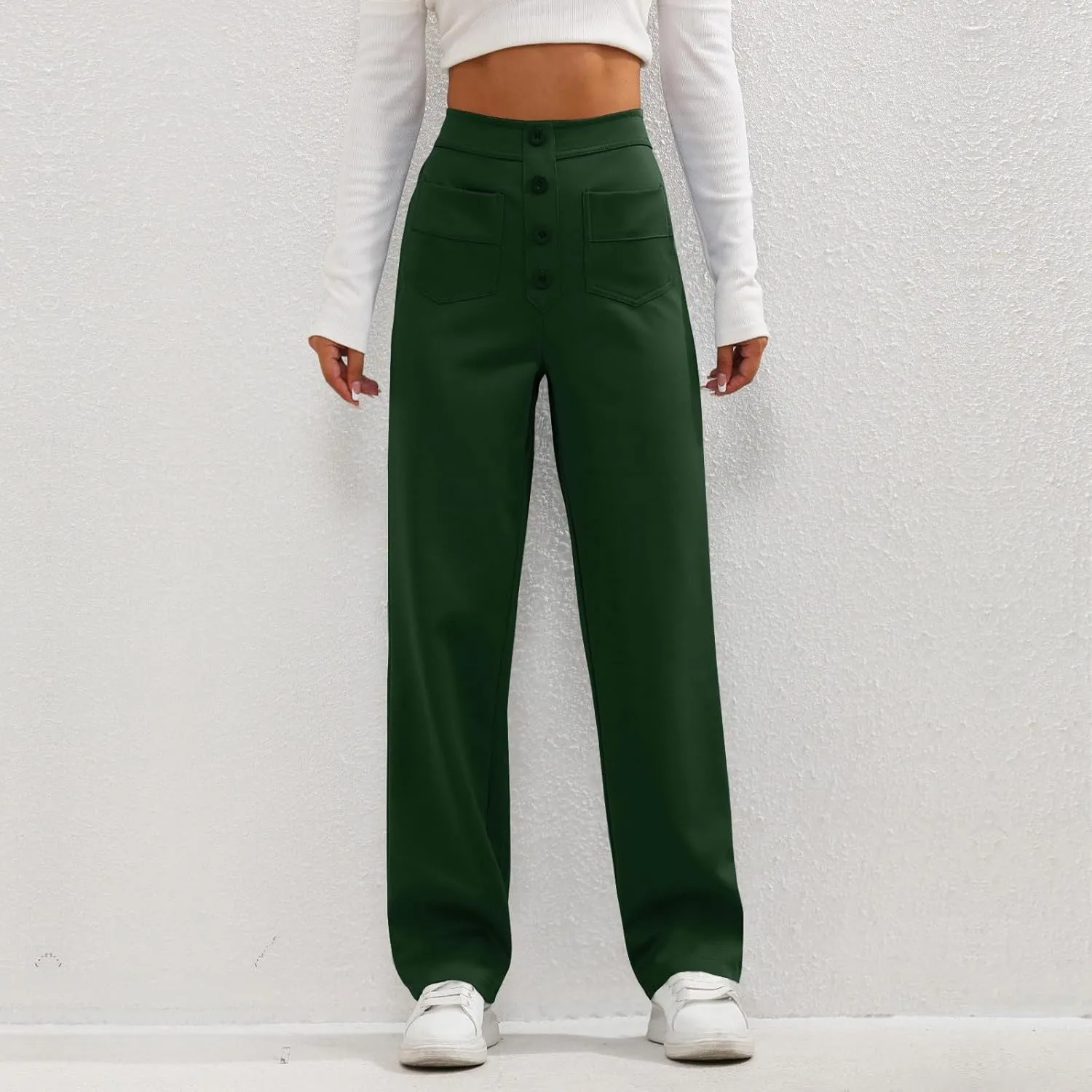 midelxp Casual Straight Leg Pants for Women High Waisted Button Stretchy Business Work Pants Trousers with Multiple Pockets