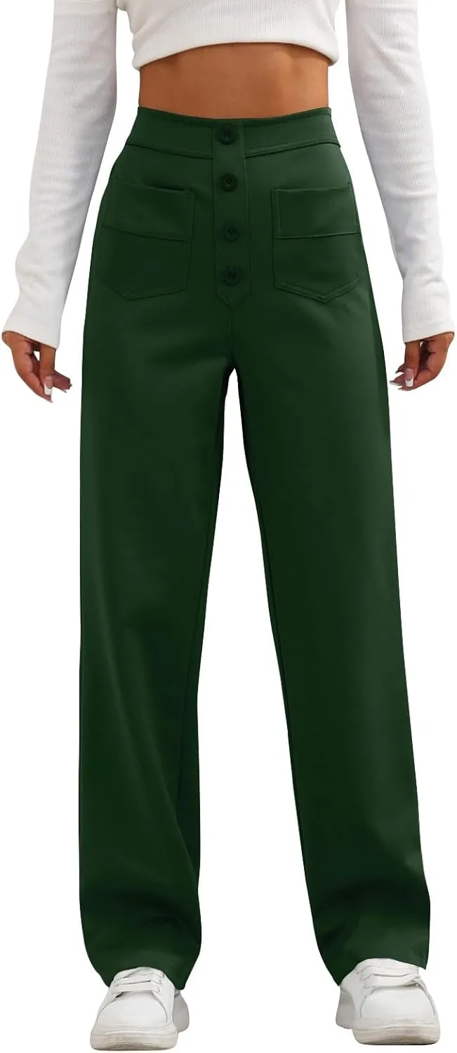 midelxp Casual Straight Leg Pants for Women High Waisted Button Stretchy Business Work Pants Trousers with Multiple Pockets