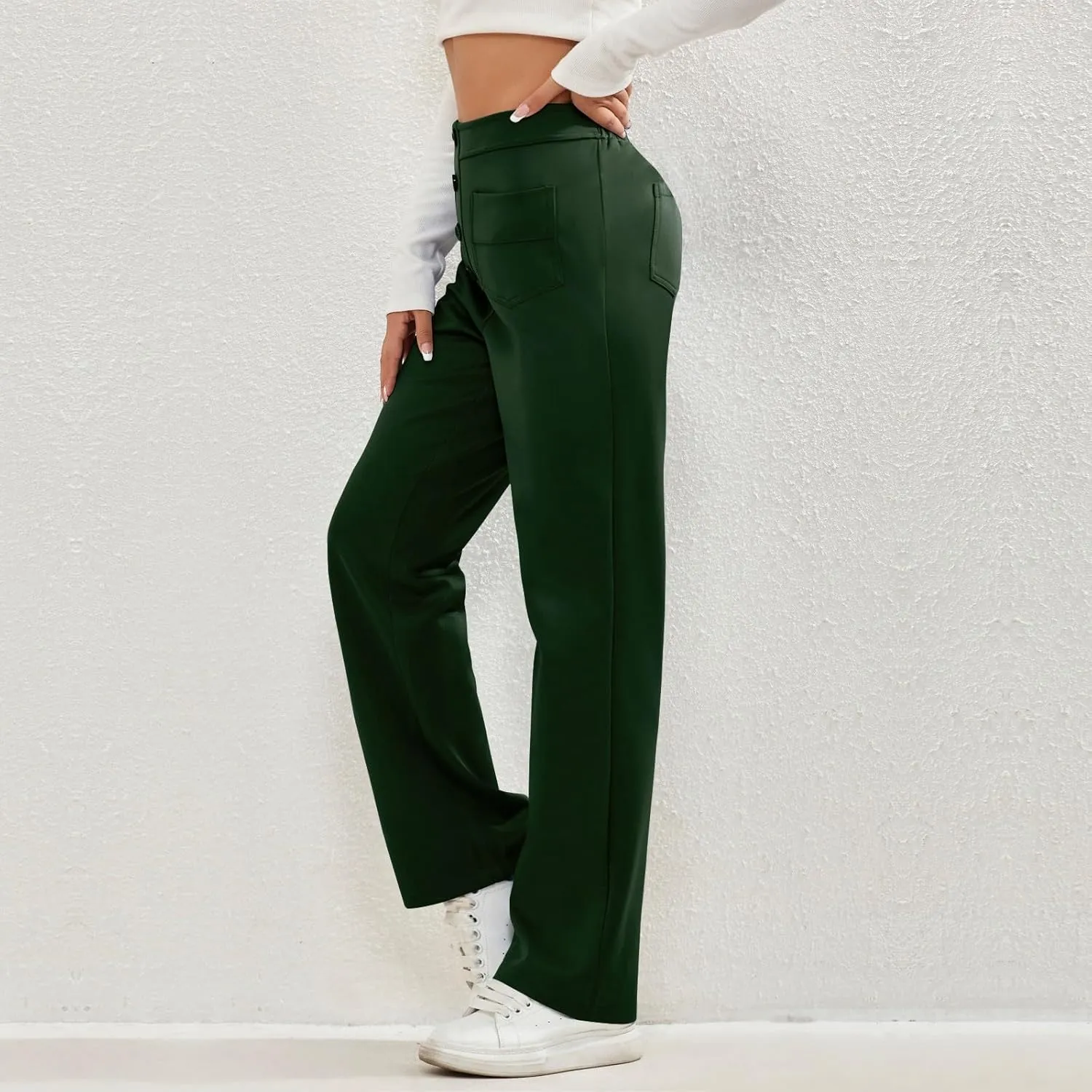 midelxp Casual Straight Leg Pants for Women High Waisted Button Stretchy Business Work Pants Trousers with Multiple Pockets