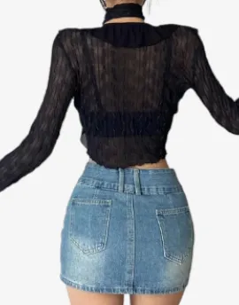 Midnight Ruffle Cascade Blouse- Y2k Crop Top Women Lace Blouses  Sexy Gothic Grunge Female Shirts Elegant Black Transparent Cardigan Korean Streetwear