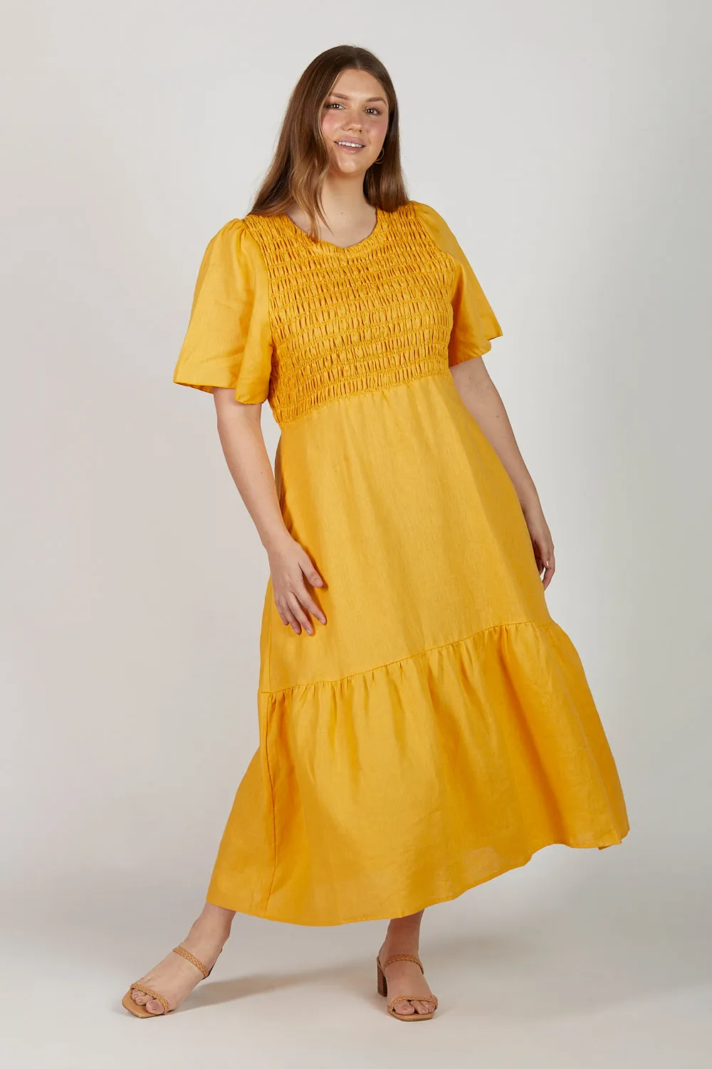 Minden Shirred Linen Dress in Golden Hour