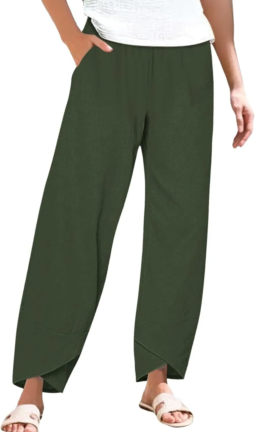 Miyaomn Linen Pants for Women Casual Summer Elastic Waist Capri Pants Solid Color Loose Wide Leg Cropped Trousers with Pocket