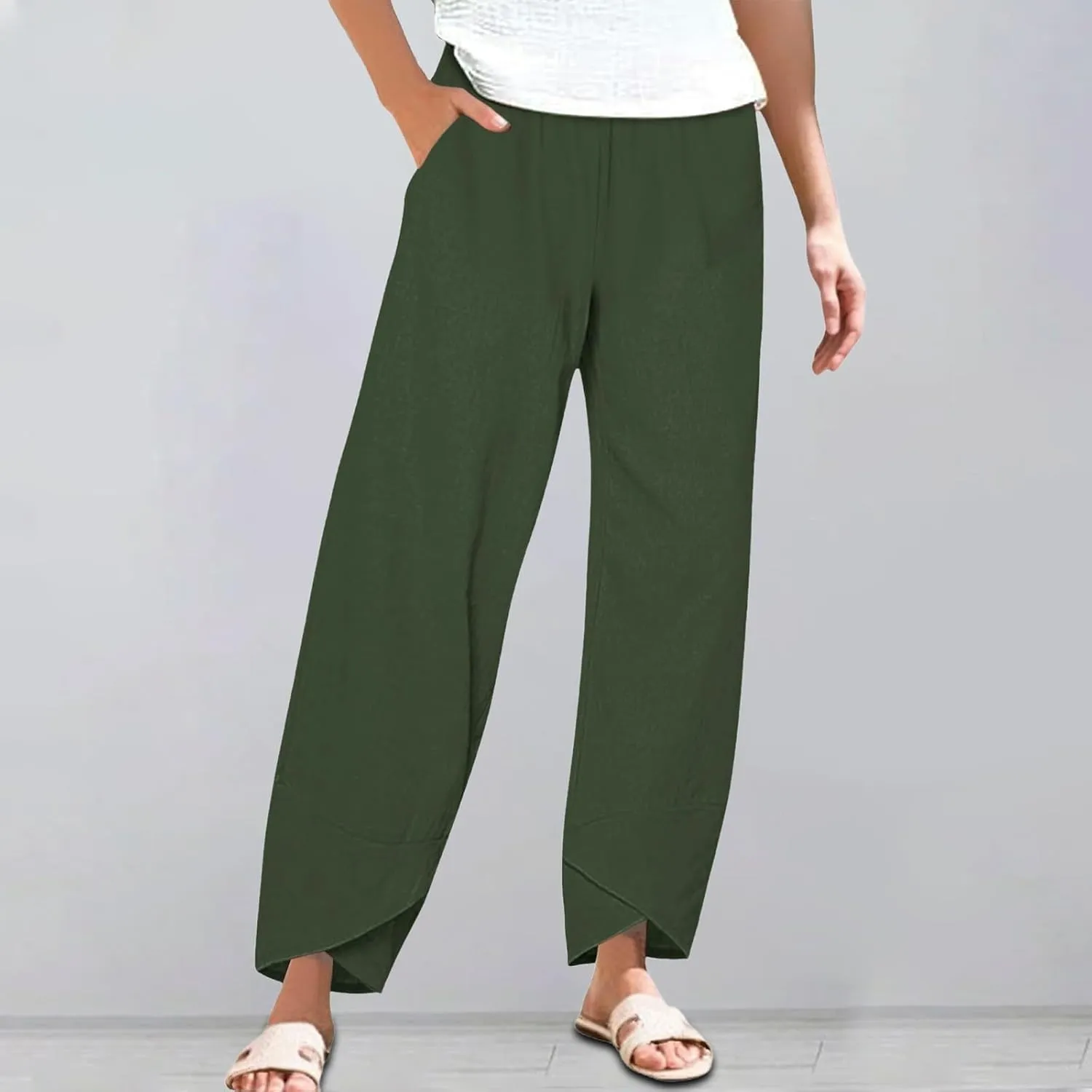 Miyaomn Linen Pants for Women Casual Summer Elastic Waist Capri Pants Solid Color Loose Wide Leg Cropped Trousers with Pocket