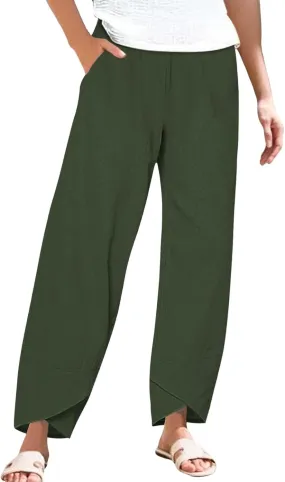 Miyaomn Linen Pants for Women Casual Summer Elastic Waist Capri Pants Solid Color Loose Wide Leg Cropped Trousers with Pocket
