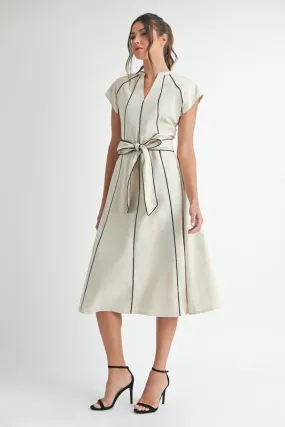 Nova Short Sleeve Stripe Contrast Waist Tie Linen Midi Dress Natural