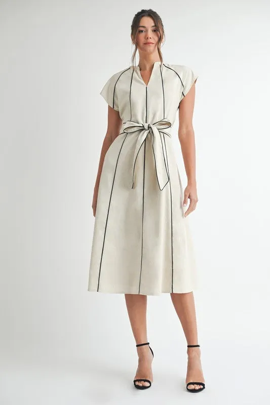 Nova Short Sleeve Stripe Contrast Waist Tie Linen Midi Dress Natural