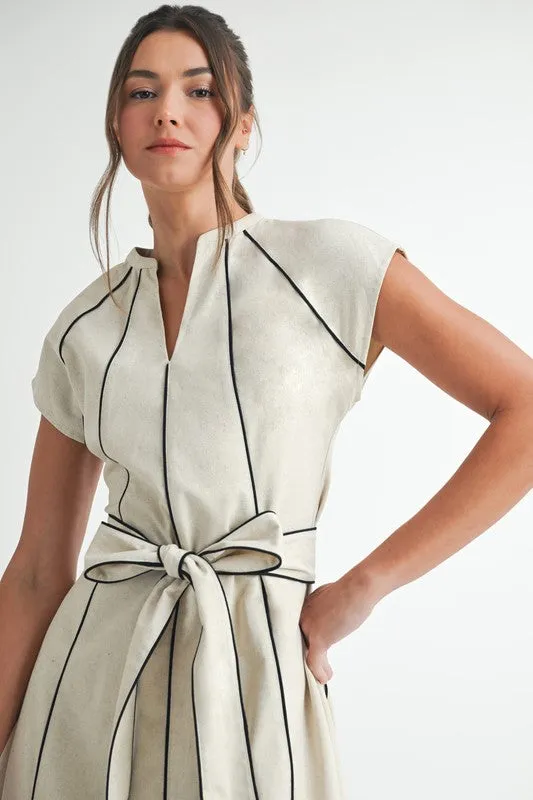 Nova Short Sleeve Stripe Contrast Waist Tie Linen Midi Dress Natural