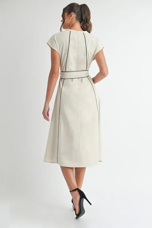 Nova Short Sleeve Stripe Contrast Waist Tie Linen Midi Dress Natural
