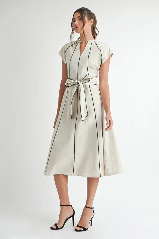 Nova Short Sleeve Stripe Contrast Waist Tie Linen Midi Dress Natural