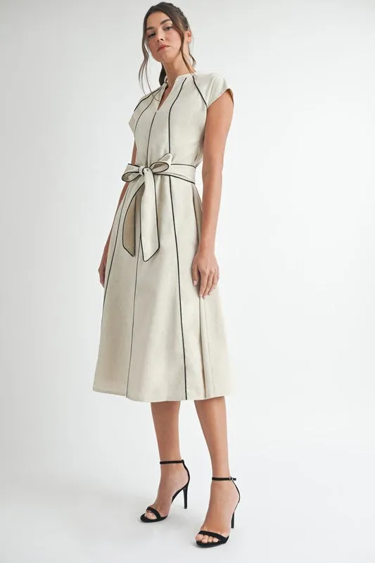 Nova Short Sleeve Stripe Contrast Waist Tie Linen Midi Dress Natural
