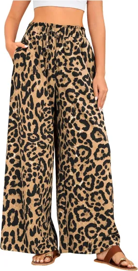 OYOANGLE Women's Leopard Print Elastic High Waist Wide Leg Pants Tie Front Pockets Loose Casual Trousers