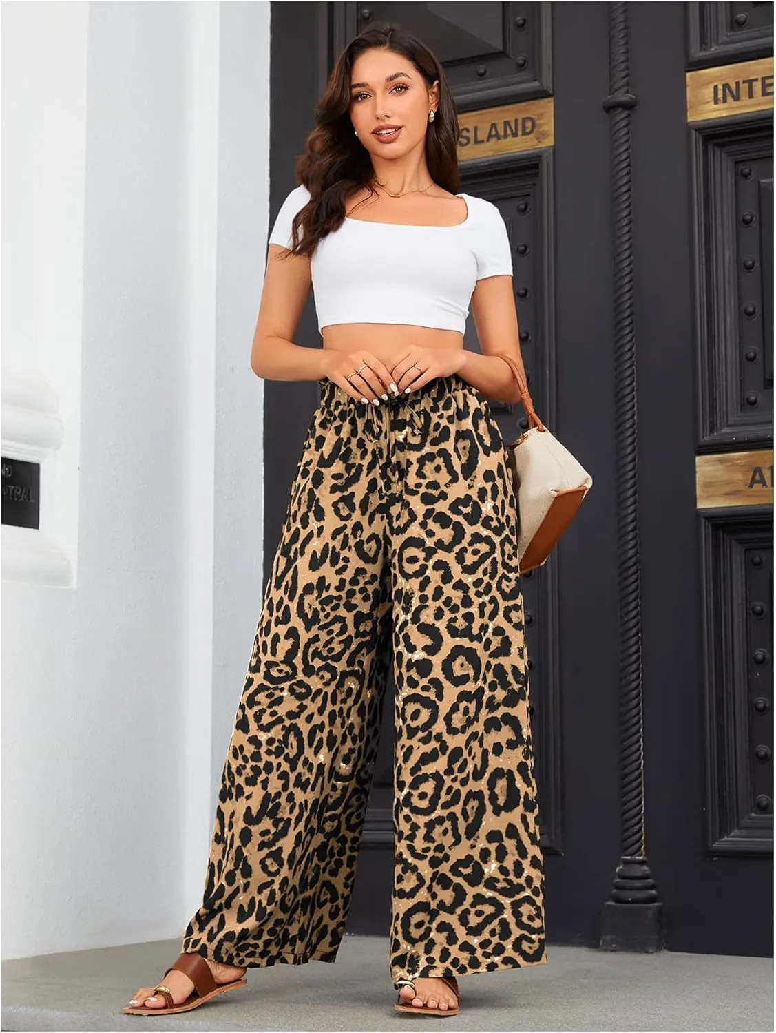 OYOANGLE Women's Leopard Print Elastic High Waist Wide Leg Pants Tie Front Pockets Loose Casual Trousers