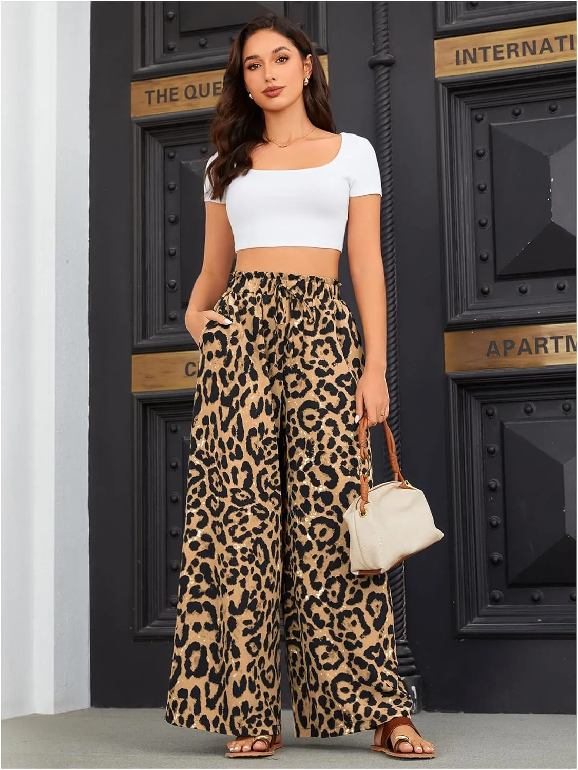 OYOANGLE Women's Leopard Print Elastic High Waist Wide Leg Pants Tie Front Pockets Loose Casual Trousers