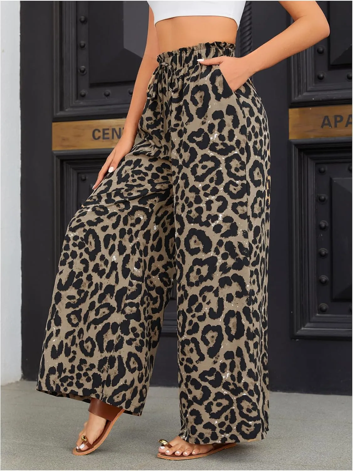 OYOANGLE Women's Leopard Print Elastic High Waist Wide Leg Pants Tie Front Pockets Loose Casual Trousers