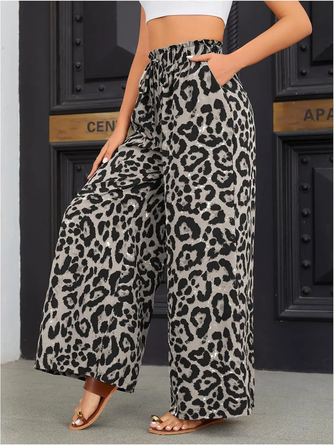 OYOANGLE Women's Leopard Print Elastic High Waist Wide Leg Pants Tie Front Pockets Loose Casual Trousers