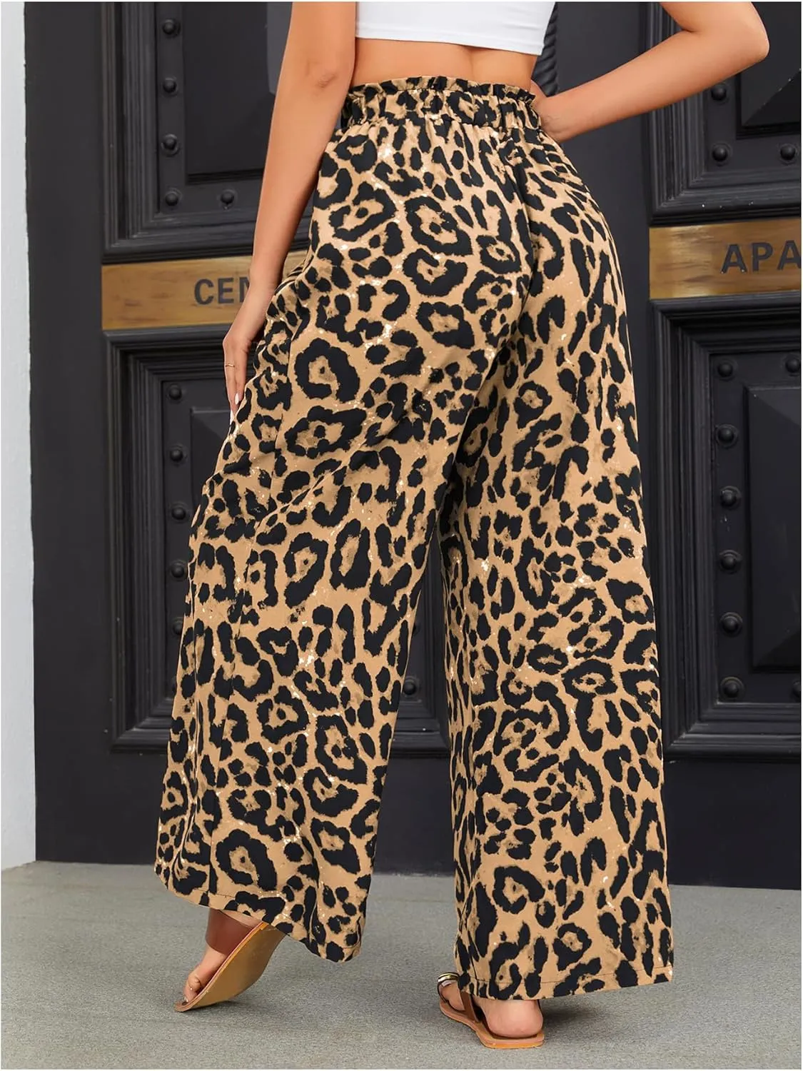 OYOANGLE Women's Leopard Print Elastic High Waist Wide Leg Pants Tie Front Pockets Loose Casual Trousers