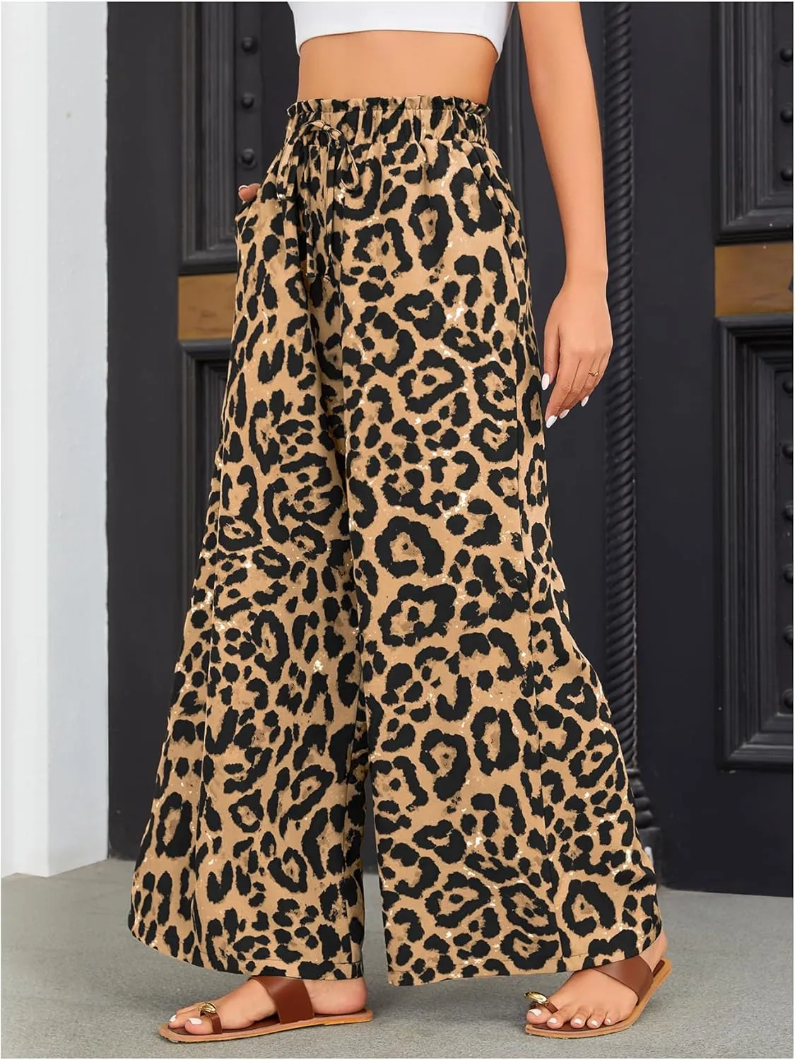 OYOANGLE Women's Leopard Print Elastic High Waist Wide Leg Pants Tie Front Pockets Loose Casual Trousers