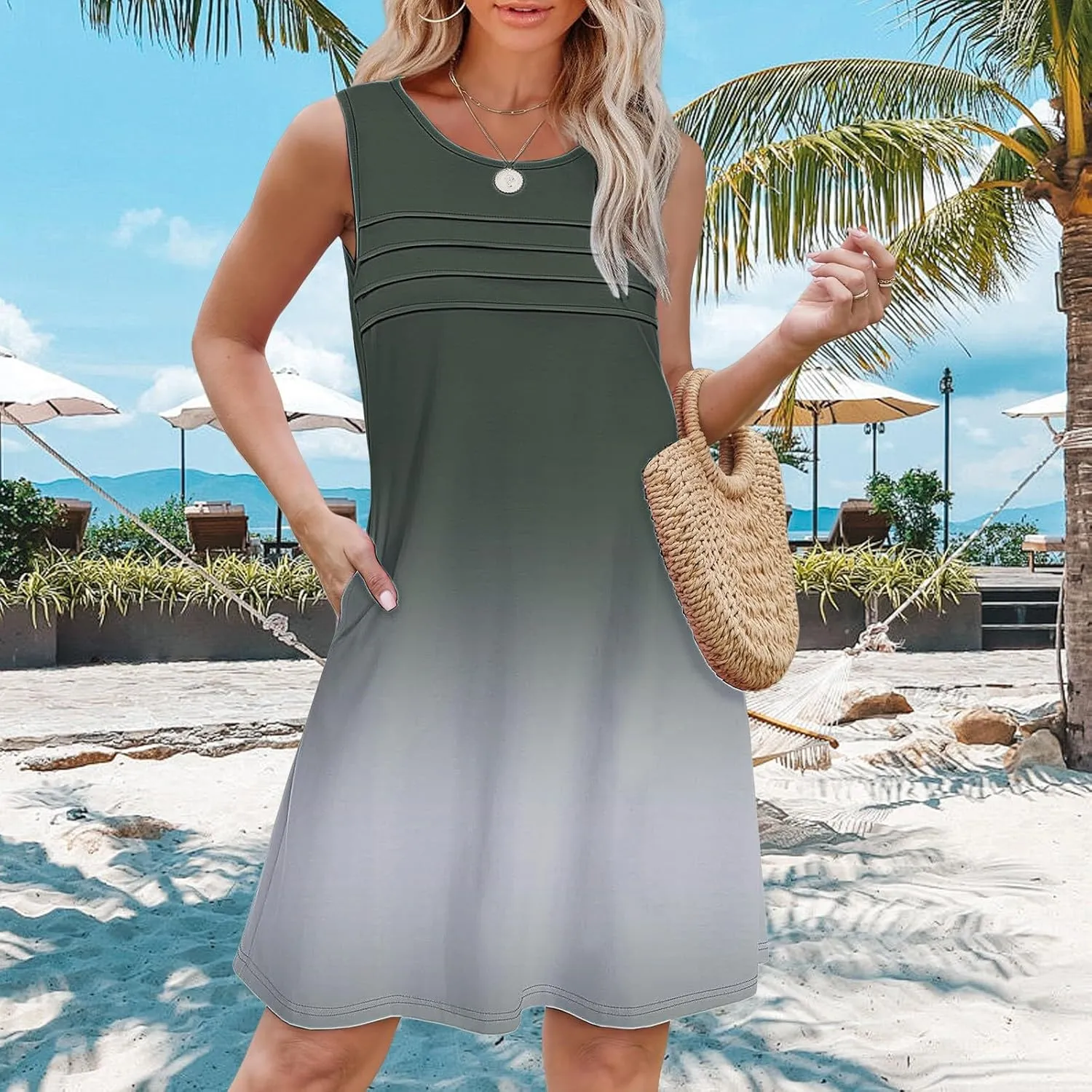 Petite Summer Dresses for Women Womens with Pockets Summer Casual Tank Dress Sleeveless Midi Beach Dress Linen Long