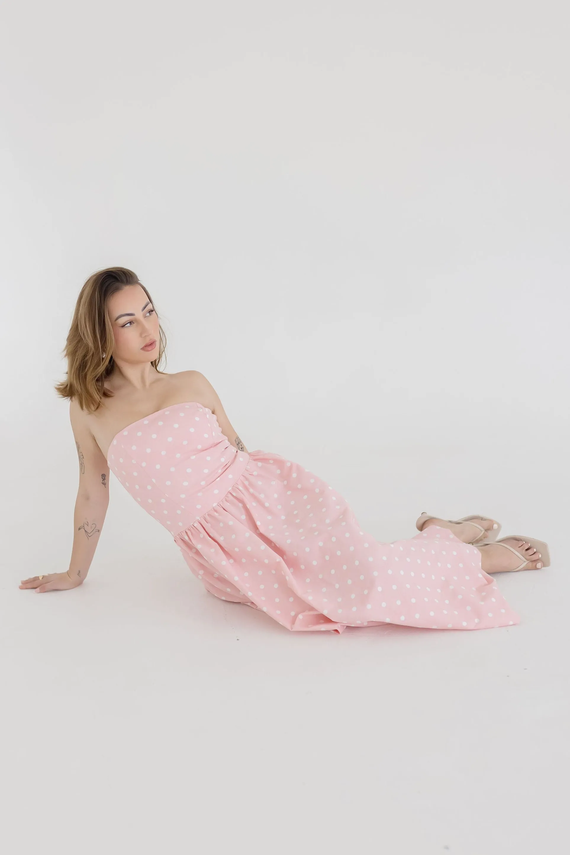 Reese Sleeveless Polka Dot Print Midi Dress Pink