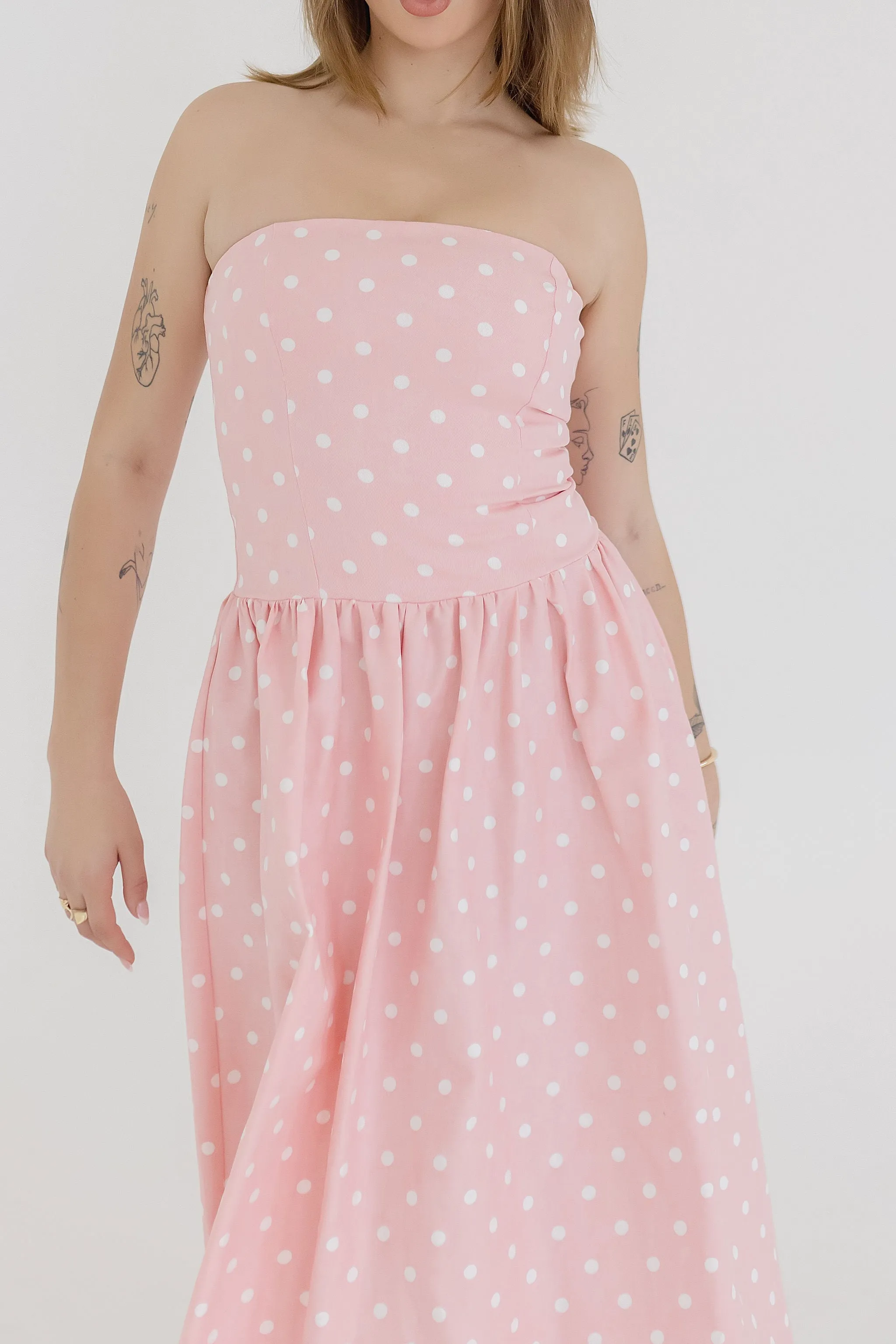Reese Sleeveless Polka Dot Print Midi Dress Pink