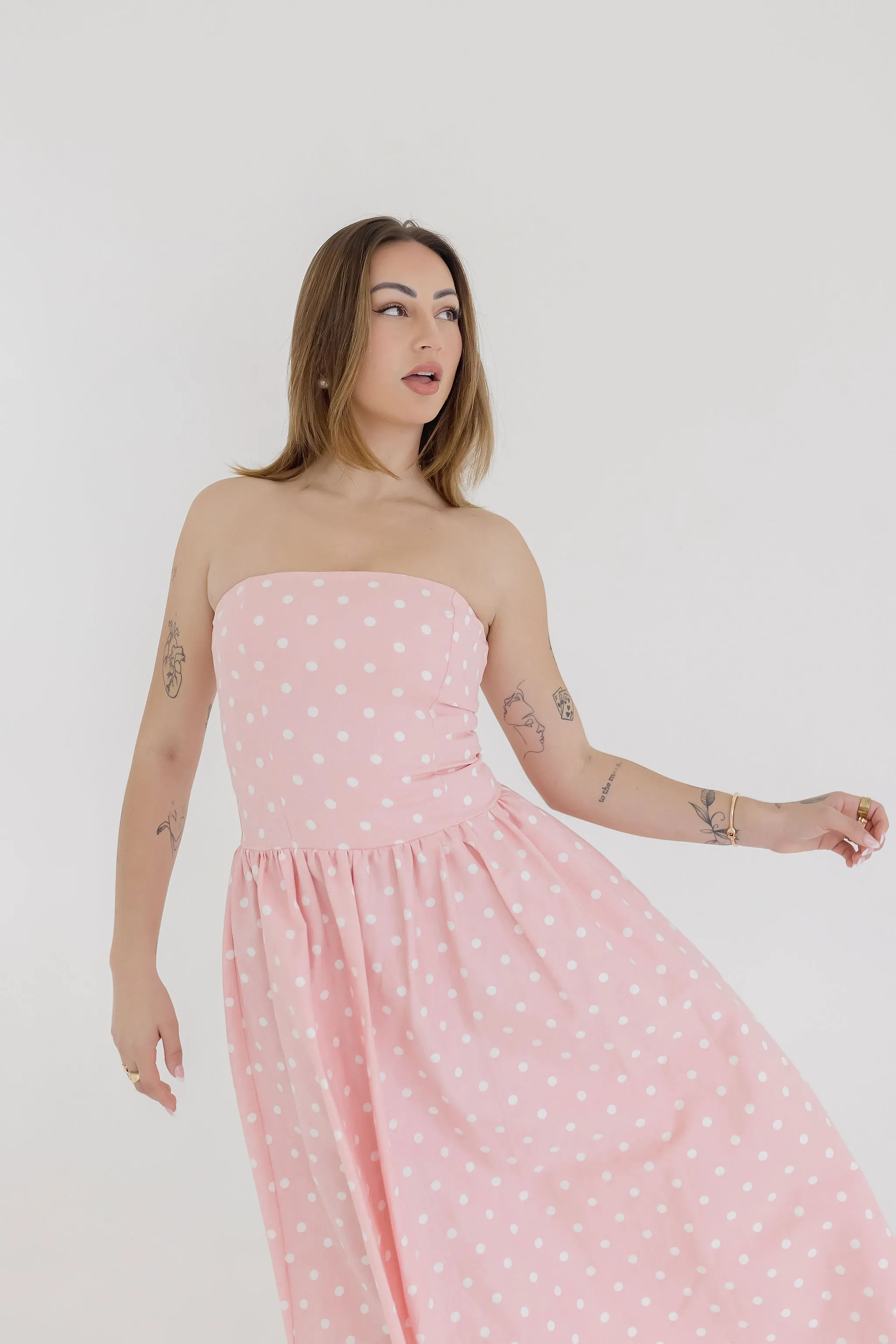 Reese Sleeveless Polka Dot Print Midi Dress Pink