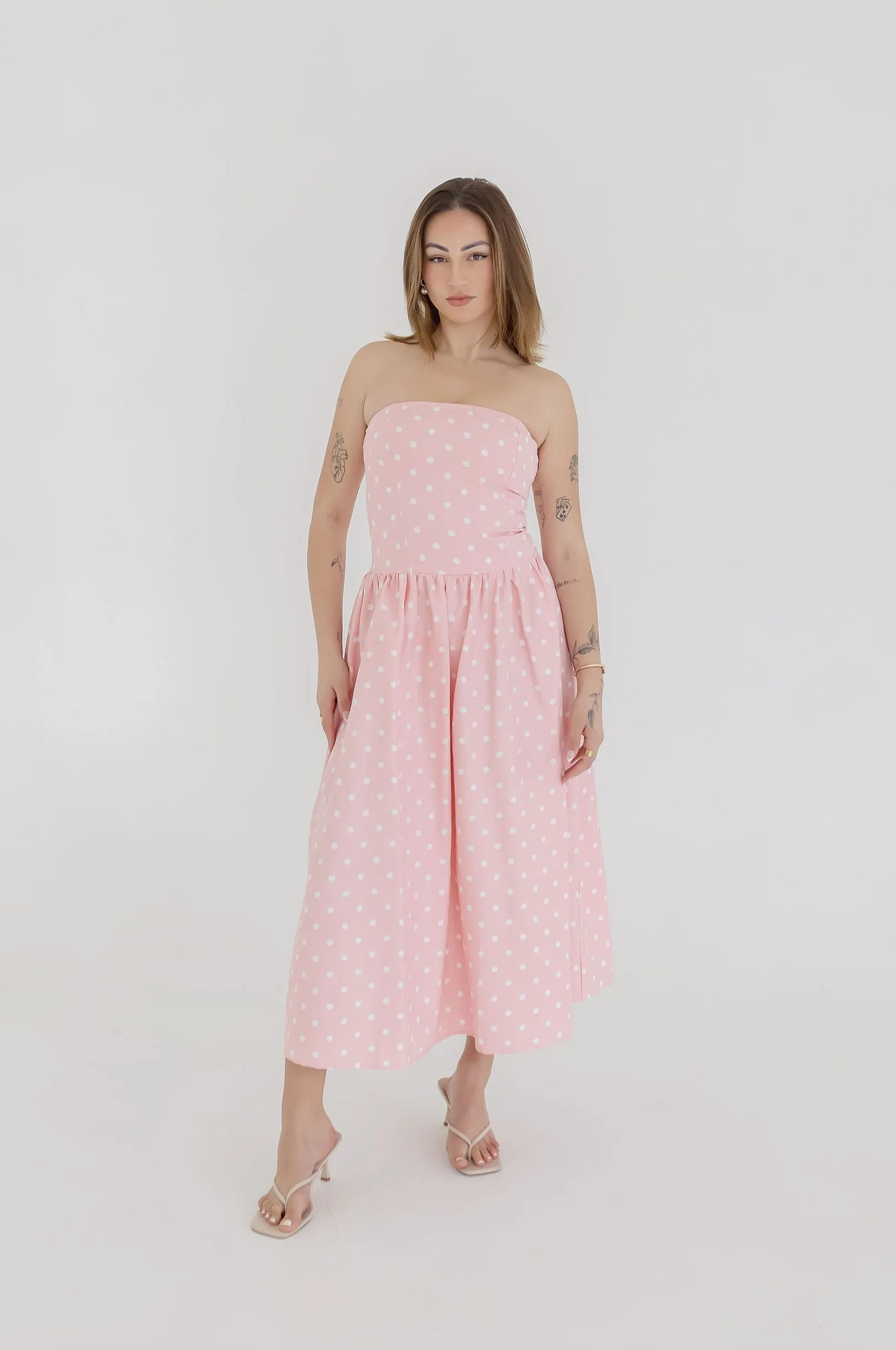 Reese Sleeveless Polka Dot Print Midi Dress Pink