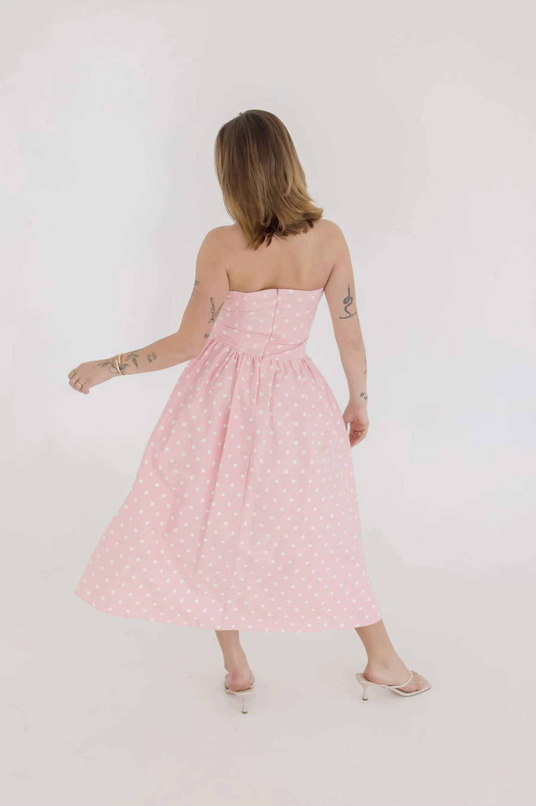 Reese Sleeveless Polka Dot Print Midi Dress Pink