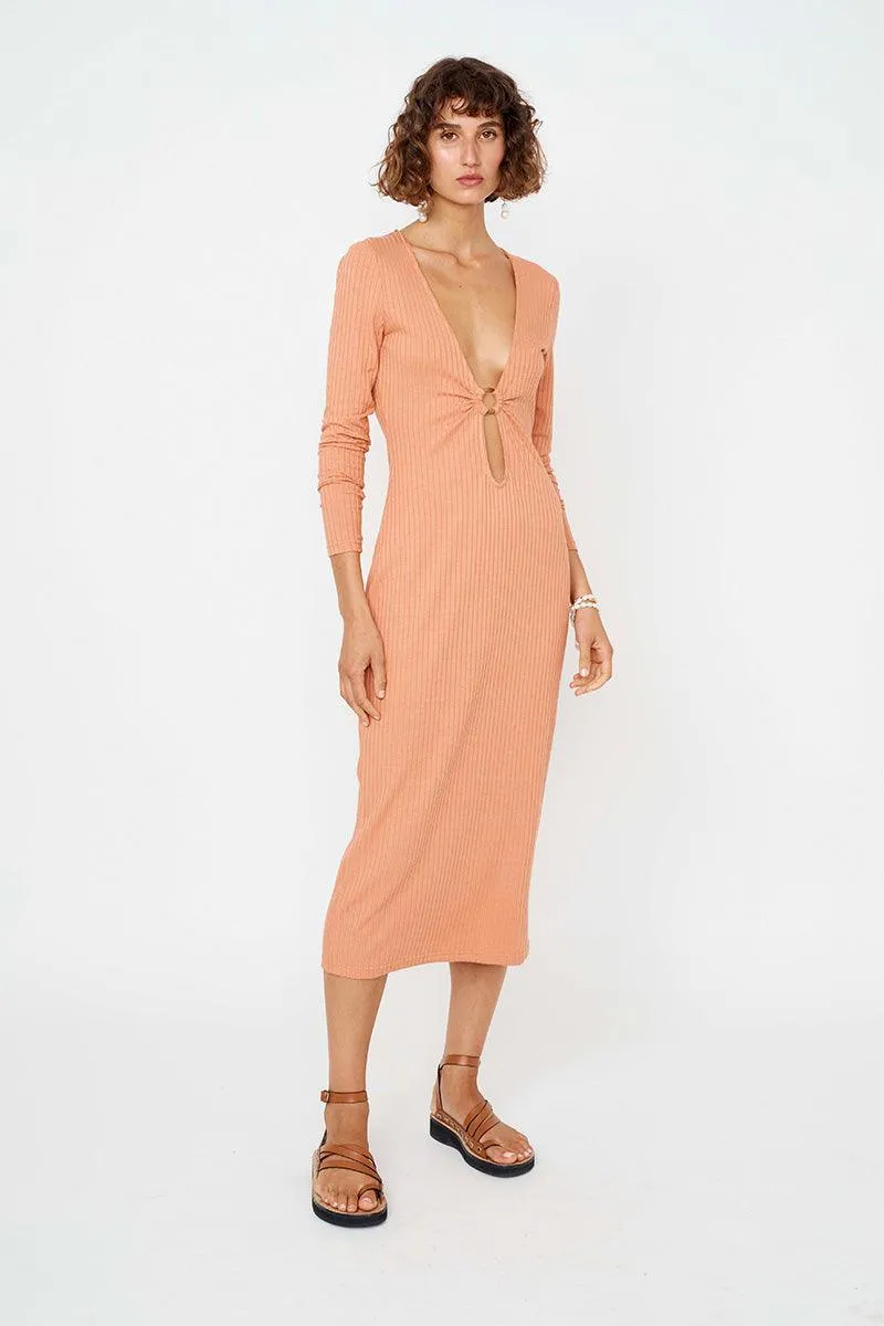 Saffron Ribbed Midi Dress-Pink
