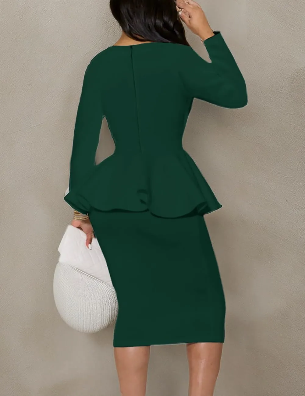 SEBOWEL Women Ruffle Peplum Bodycon Midi Dress Pencil Business Office Work Dress Elegant Wrap V Neck Club Evening Party Dress