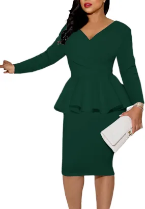 SEBOWEL Women Ruffle Peplum Bodycon Midi Dress Pencil Business Office Work Dress Elegant Wrap V Neck Club Evening Party Dress