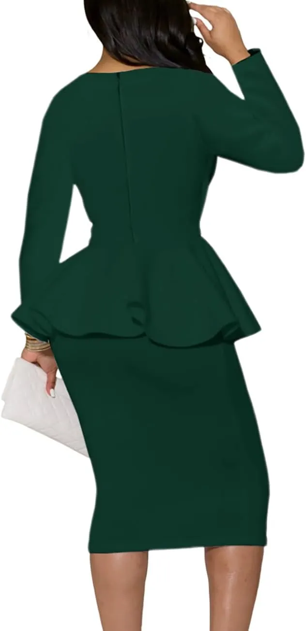 SEBOWEL Women Ruffle Peplum Bodycon Midi Dress Pencil Business Office Work Dress Elegant Wrap V Neck Club Evening Party Dress